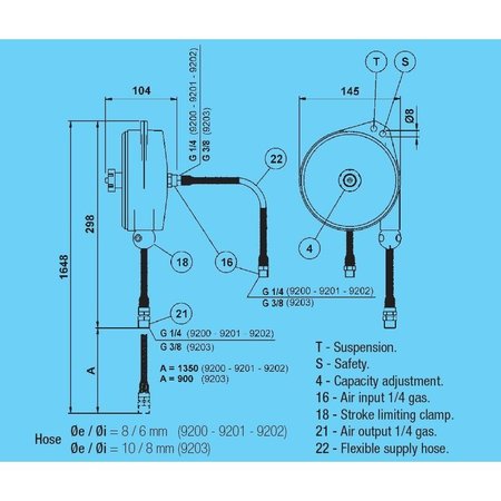 Tecna Air Hose Retractor, 53" in Stroke, 2.65-5.51 lb Capacity 9202